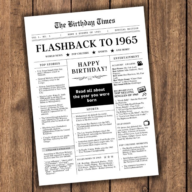 Born in 1965 Mock Newspaper black and white (Flashback to 1965, happy birthday newspaper in vintage style with news and fun facts of the year)