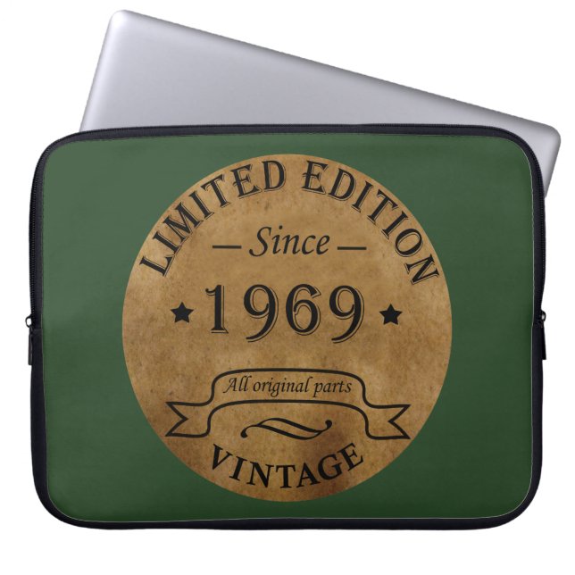 Born in 1969 vintage birthday laptop sleeve (Front)
