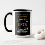 Born in 1970 Legend Mug<br><div class="desc">For those born in 1970 and celebrating a birthday we have the ideal birthday coffee mug. The black background with a white and gold vintage typography design design is simple and yet elegant with a retro feel. Easily customise the text of this birthday gift using the template provided. More gifts...</div>