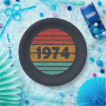 Born in 1974 vintage 50th birthday paper plate<br><div class="desc">You can add some originality to your wardrobe with this limited edition original sunset vintage retro-looking birthday design with awesome typography font lettering, it is a great gift idea for men, women, husband, wife girlfriend, and a boyfriend who will love this one-of-a-kind artwork. The best unique and funny holiday present...</div>