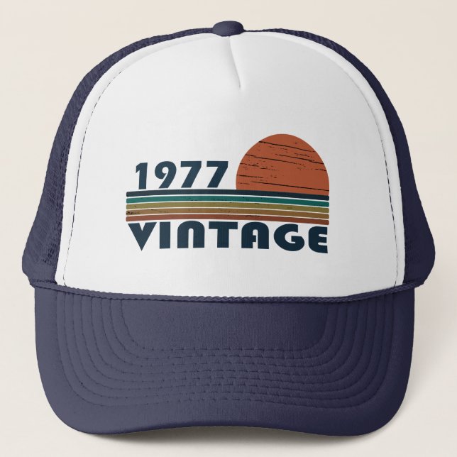 Born in 1977 vintage birthday gift trucker hat (Front)