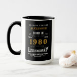 Born in 1980 Legend Mug<br><div class="desc">For those born in 1980 and celebrating a birthday we have the ideal birthday coffee mug. The black background with a white and gold vintage typography design design is simple and yet elegant with a retro feel. Easily customise the text of this birthday gift using the template provided. More gifts...</div>