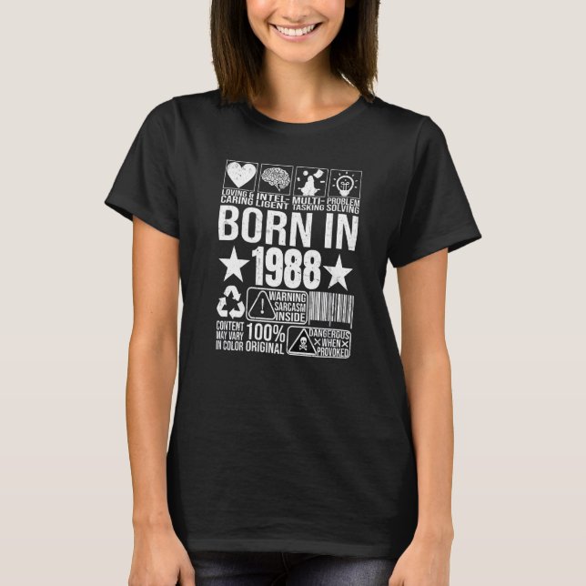 Born In 1988 Content Warning Label Barcode Birthda T-Shirt (Front)