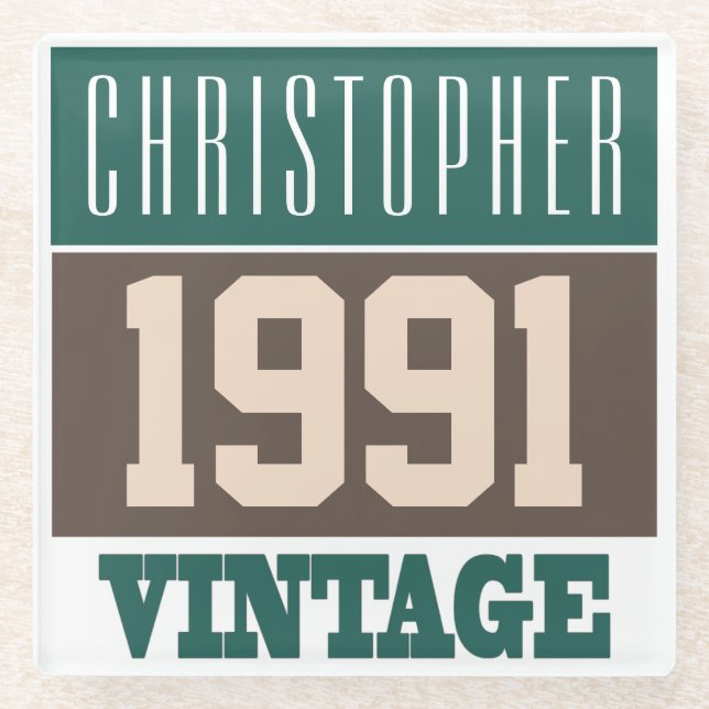 Born in 1991 with Christian Name on a Glass Coaster (Front)