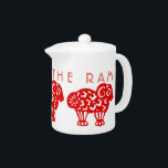 Born in Fire Ram Year Chinese Zodiac Teapot<br><div class="desc">Large red (for fire element) Ram papercut. Customisable white teapot. You can easily change text (colour, font, size and position) by clicking the customise button. Perfect for Chinese New Year of The Ram, Sheep or Goat and birthday (people born in Ram or Goat year). -------- The Goat (Chinese: 羊; pinyin:...</div>