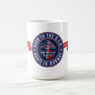 "Born in USA · Roots in Norway" in Blue Coffee Mug
