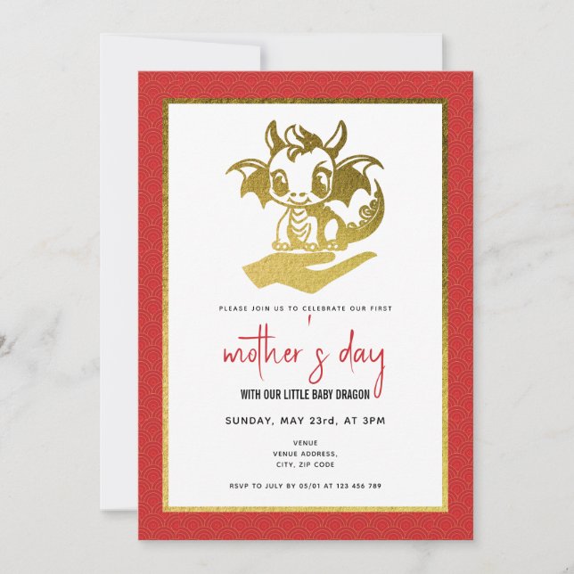 Born In Year of the Dragon Red First Mother' Day Invitation (Front)