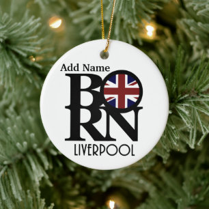 BORN Liverpool England (UK Flag) Customizable Ceramic Tree Decoration