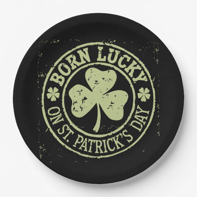 Born Lucky On St Patrick's Day Irish Birthday Paper Plate (Front)