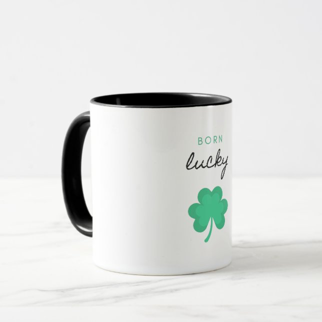 "BORN LUCKY SHAMROCK" TWO TONE MUG. MUG (Front Left)