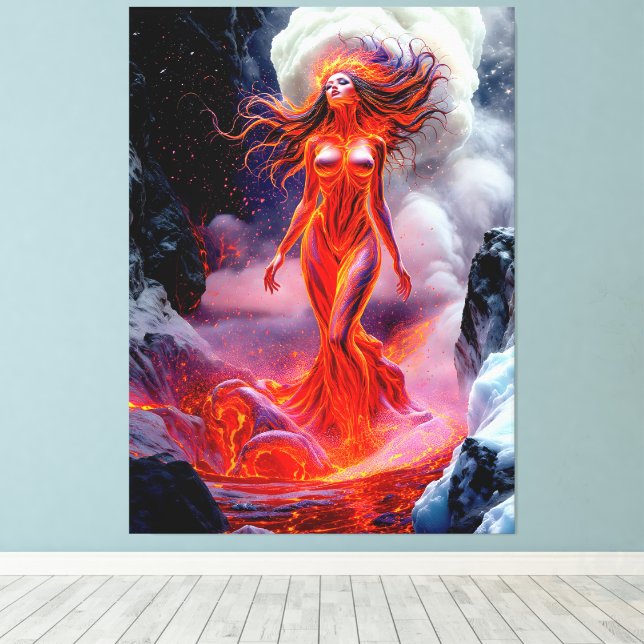 “Born of the Inferno” – Volcanic Woman Portrait Canvas Print (Insitu(Wood Floor))