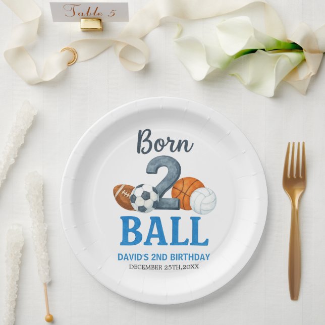 Born To Ball Sports Second Birthday  Paper Plate (Wedding)