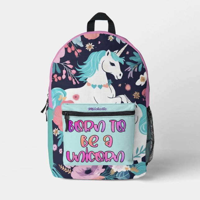 Born to be A Unicorn Backpack, Personalised Name Printed Backpack (Front)