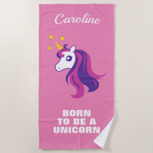 Born to be a unicorn cute pink personalised beach towel