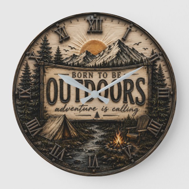 Born to Be Outdoors Rustic  Camping Mountain  Large Clock (Front)