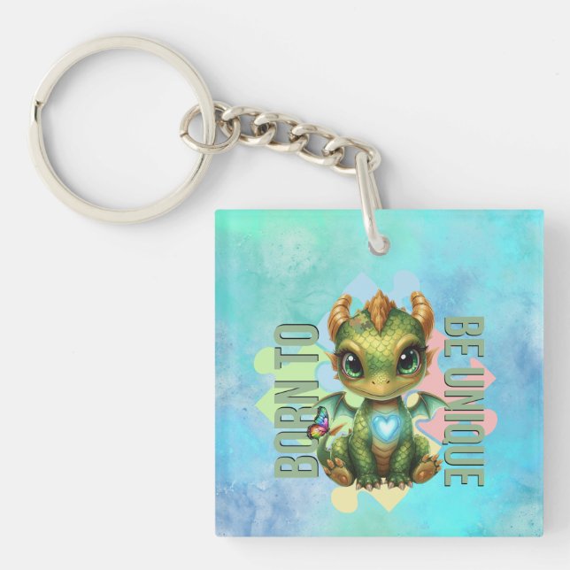 Born to Be Unique Cute Dragon Autism Awareness Key Ring (Front)
