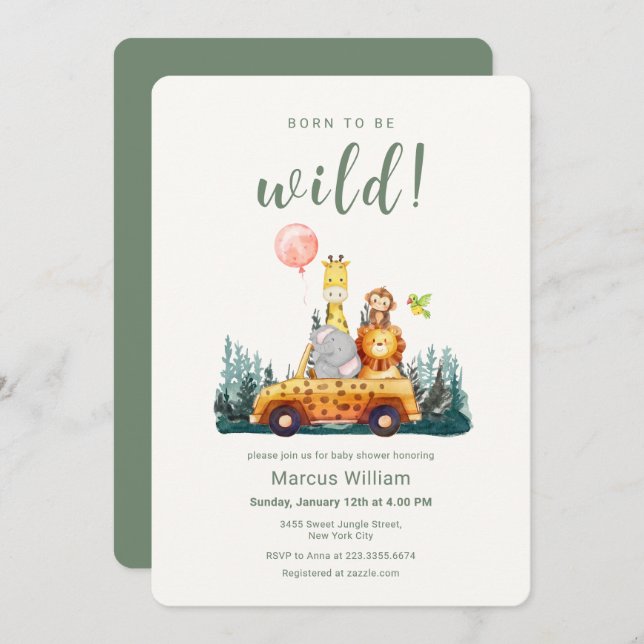 Born To Be Wild Safari Animals Baby Shower  Invitation (Front/Back)