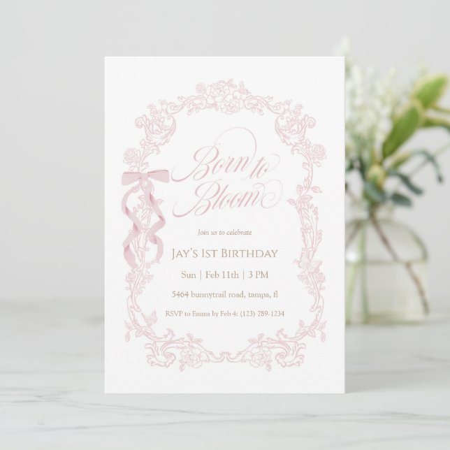 Born to Bloom Pink Floral 1st Birthday Invitation (Standing Front)