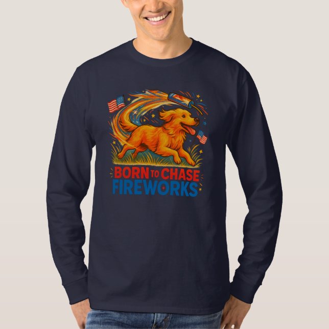 Born to Chase Fireworks | Patriotic Golden Retriev T-Shirt (Front)