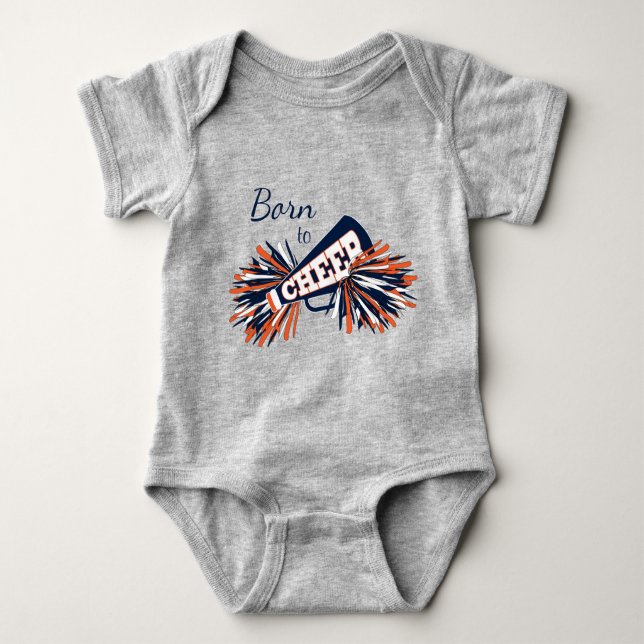 Born to Cheer - Navy Blue, Orange and White Baby Bodysuit (Front)