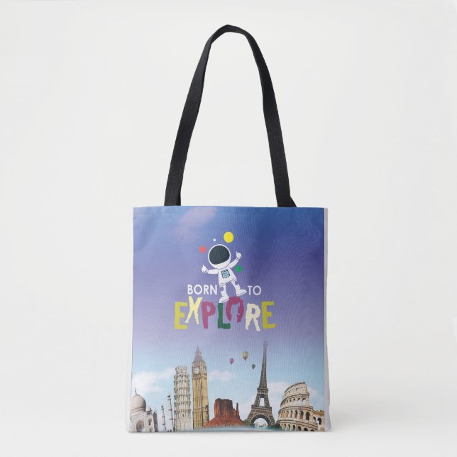 Born to Explore | Cute Astronaut Adventure Denim  Tote Bag (Front)