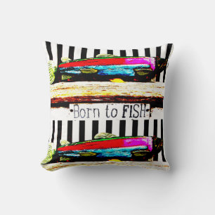 Born to fish,  colourful fisherman's pattern cushion