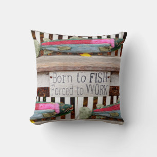 Born to fish,  colourful fisherman's pattern cushion