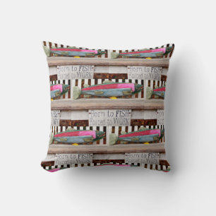 Born to fish,  colourful fisherman's pattern cushion