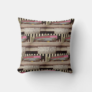Born to fish,  colourful fisherman's pattern cushion