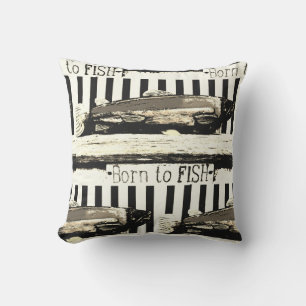 Born to fish, sepia tone fisherman's pattern cushion