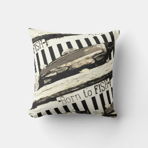 Born to fish,  sepia tone fisherman's pattern cushion