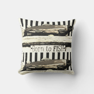 Born to fish, sepia tone fisherman's pattern cushion