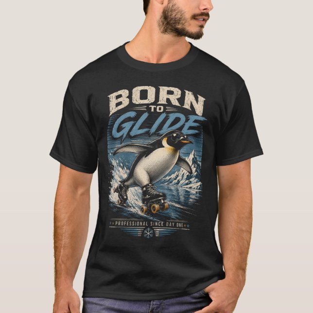 Born to Glide – Retro Roller Skating Penguin Vinta T-Shirt (Front)