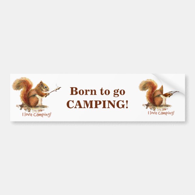 BORN TO GO CAMPING Fun Squirrel Cute Animal Quote Bumper Sticker (Front)