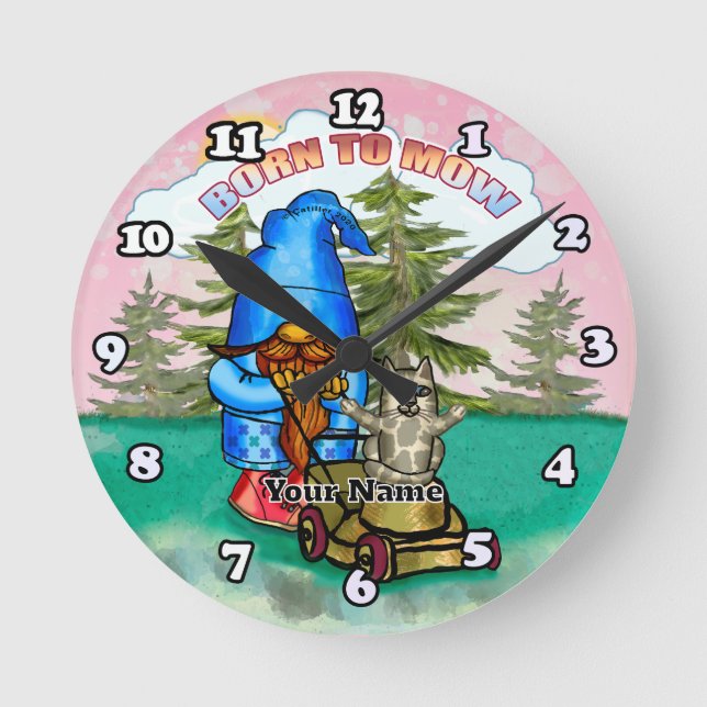 Born To Mow gnome Round Clock (Front)