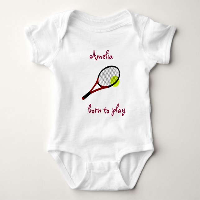 Born to play, Tennis Ball and Racquet, Personalise Baby Bodysuit (Front)