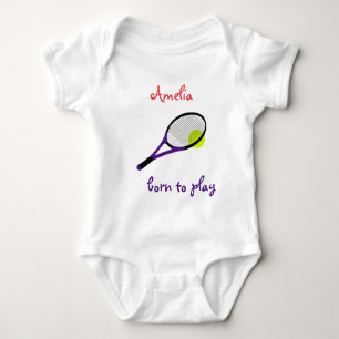 Born to play, Tennis Ball and Racquet, Personalise Baby Bodysuit