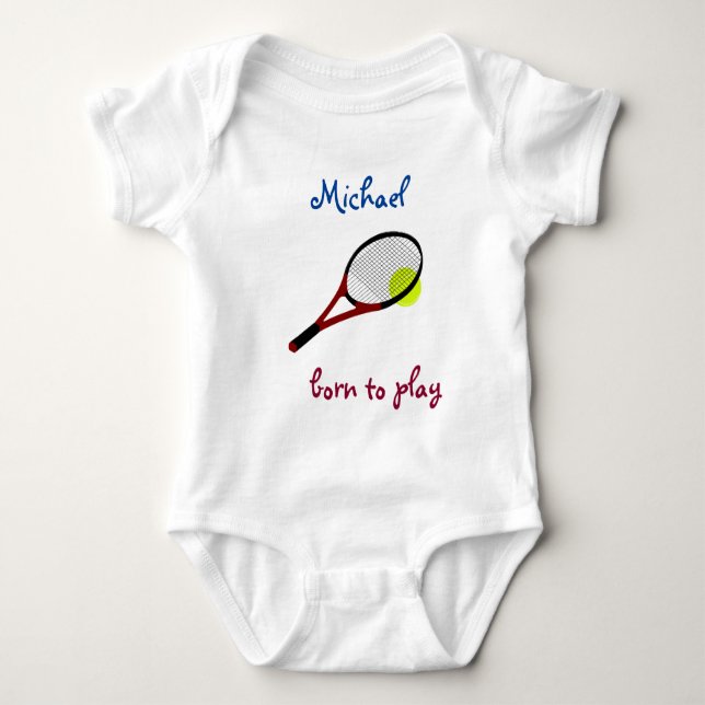 Born to play, Tennis Ball and Racquet, Personalise Baby Bodysuit (Front)