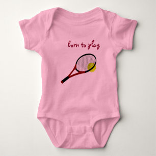 Born to play, Tennis Ball and Racquet, Trendy Pink Baby Bodysuit