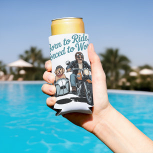 "Born to Ride, Forced to Work" Motorcycle Cartoon Seltzer Can Cooler