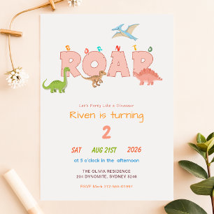 Born to Roar Dinosaur Baby Boy Girl 2nd Birthday Invitation