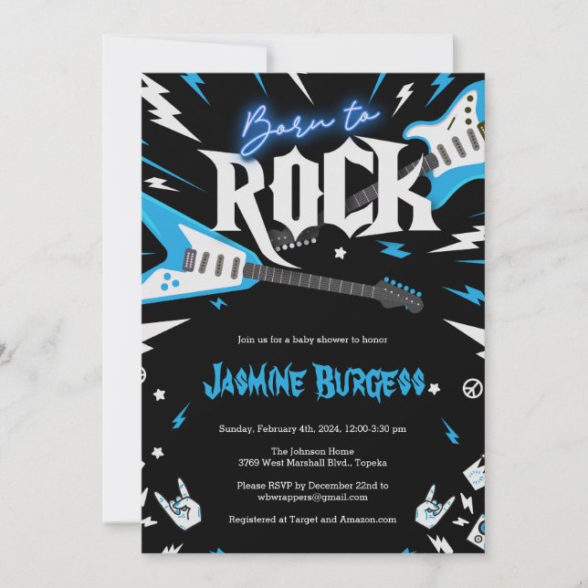 Born to ROCK Baby Shower Invitation, Guitar Invite (Front)