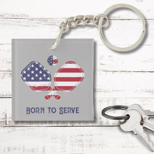 Born to Serve American Flag Pickleball  Key Ring