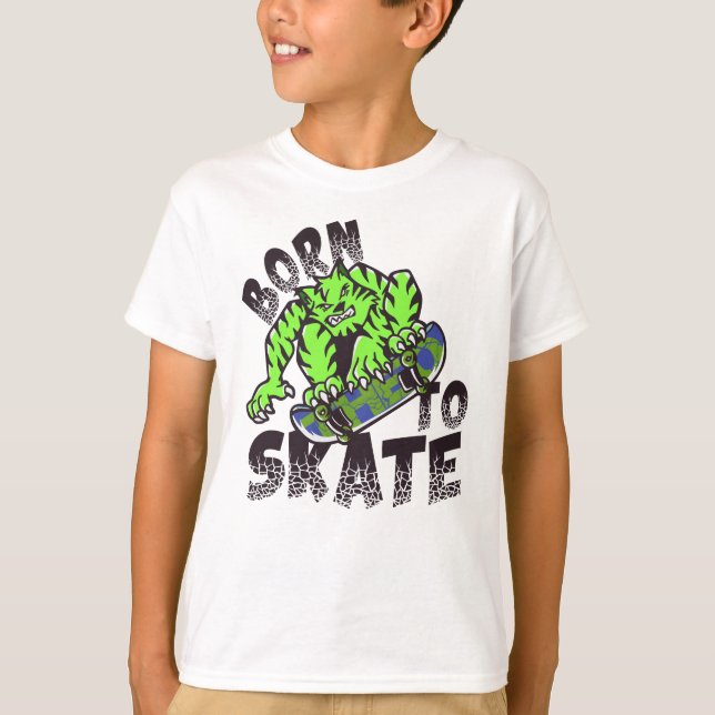 BORN TO SKATE - Tiger Cat On Skateboard T-Shirt (Front)