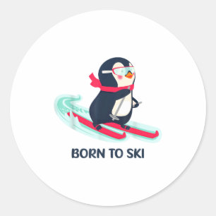 Born to ski cute penguin skiing winter animal classic round sticker