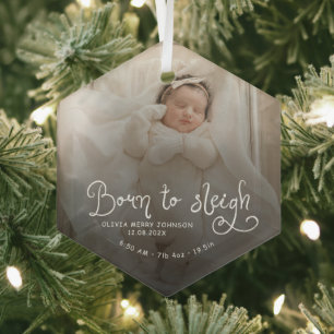Born to Sleigh Baby Photo Birth Stats Christmas Glass Tree Decoration