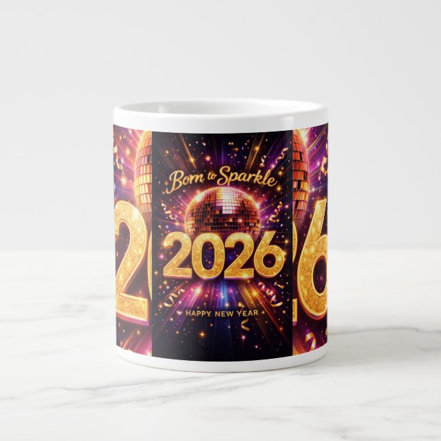 Born to Sparkle 2026 Disco Ball Happy New Year Large Coffee Mug (Front)