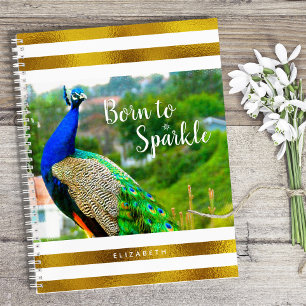 Born to Sparkle Chic Peacock Gold White Stripes Notebook