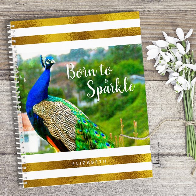 Born to Sparkle Chic Peacock | Gold White Stripes Notebook (Creator Uploaded)