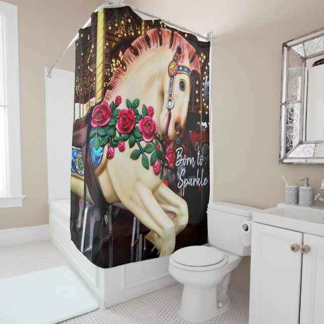 Born to Sparkle Script Carousel Horse Photography Shower Curtain (In Situ)